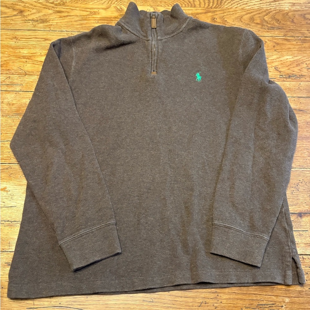 Polo Ralph Lauren Preppy Brown w/ Green Pony, 1/4 Zip Sweater L